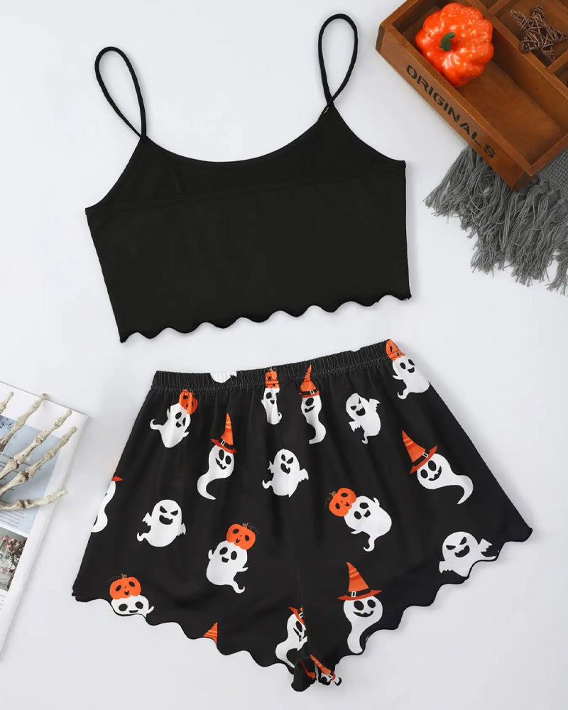 Halloween Fun Print Sleeveless Tank Top and Shorts Loungewear Set