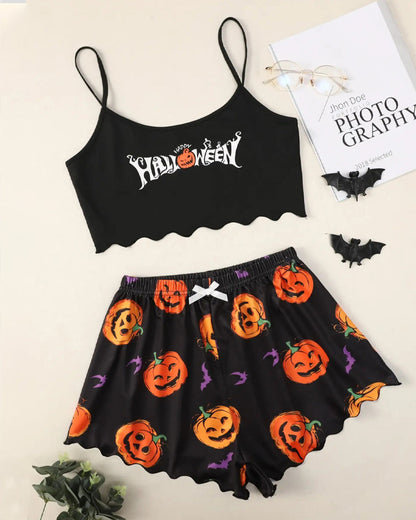 Halloween Fun Print Sleeveless Tank Top and Shorts Loungewear Set