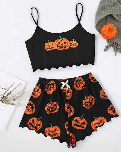 Halloween Fun Print Sleeveless Tank Top and Shorts Loungewear Set
