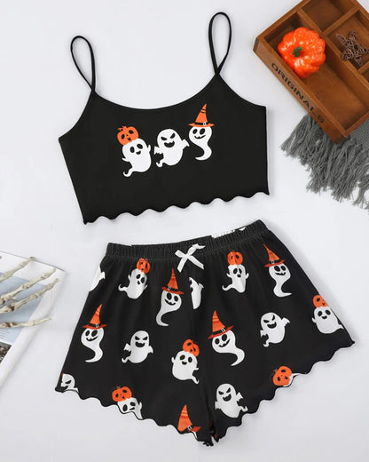 Halloween Fun Print Sleeveless Tank Top and Shorts Loungewear Set