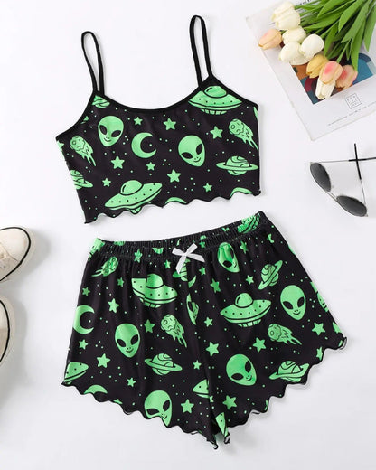 Halloween Fun Print Sleeveless Tank Top and Shorts Loungewear Set