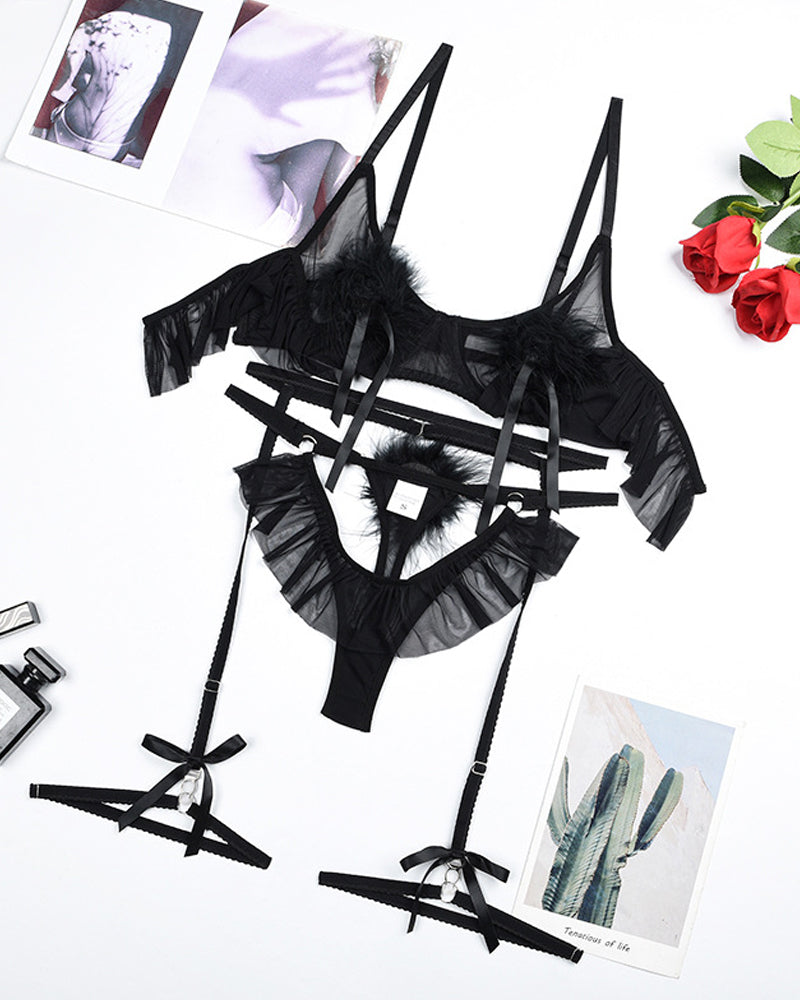 Plush Ball Pleated Skirt See-through Mesh Sexy Underwear Set