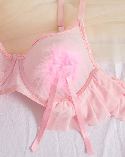 Plush Ball Pleated Skirt See-through Mesh Sexy Underwear Set
