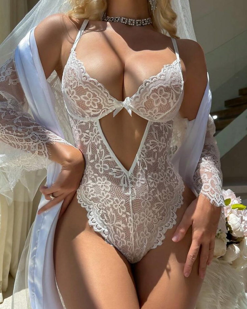 Sexy Deep V Lace Suspenders Open Crotch Bodysuit