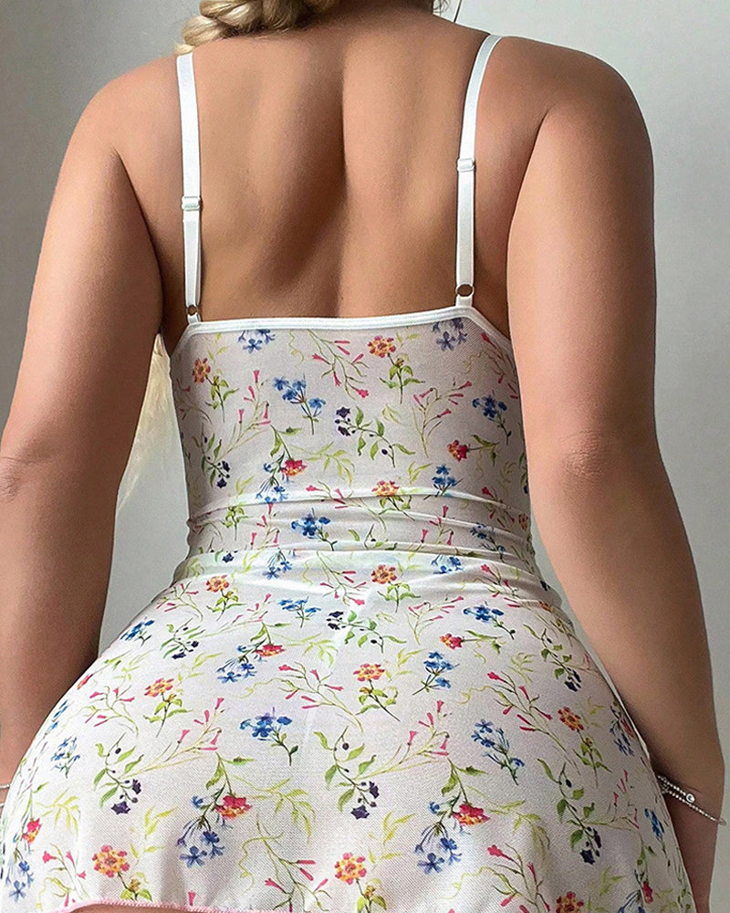 Sexy Lace Mesh Flower Print Suspender Nightdress