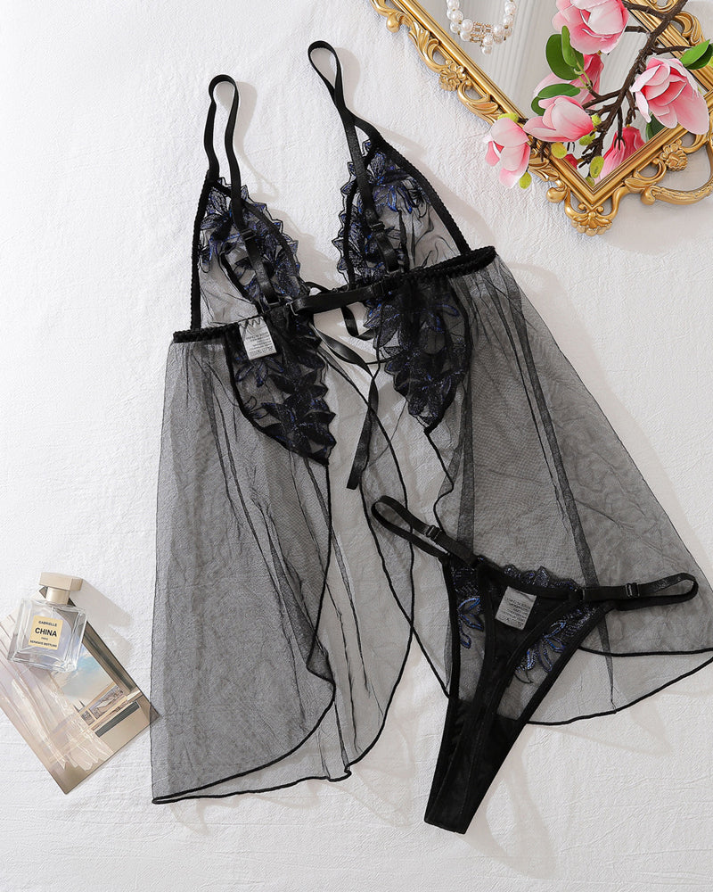 Sexy Mesh Flower Embroidery See-Through Suspender Pajamas