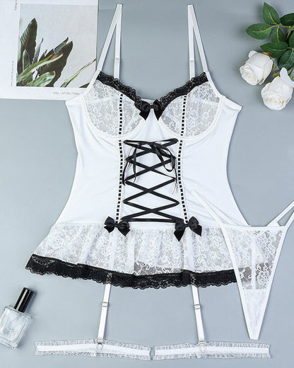 Sexy Lace Cross-strap Bowknot Colorblock Lingerie Set