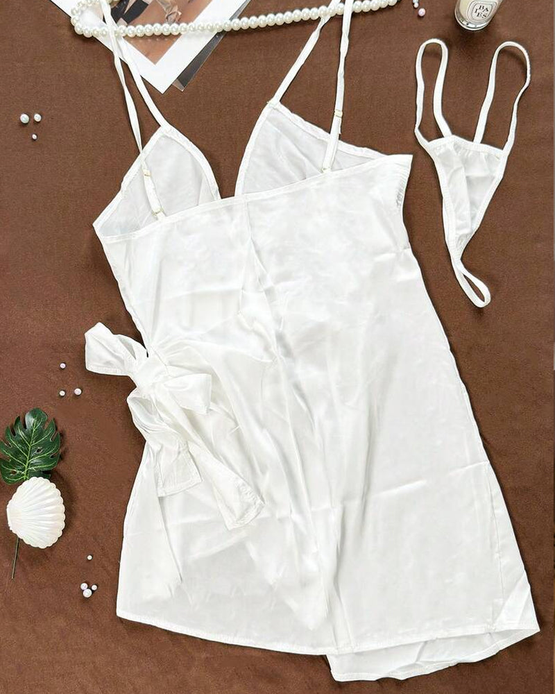 Sexy Ice Silk Satin Deep V Suspender Nightdress