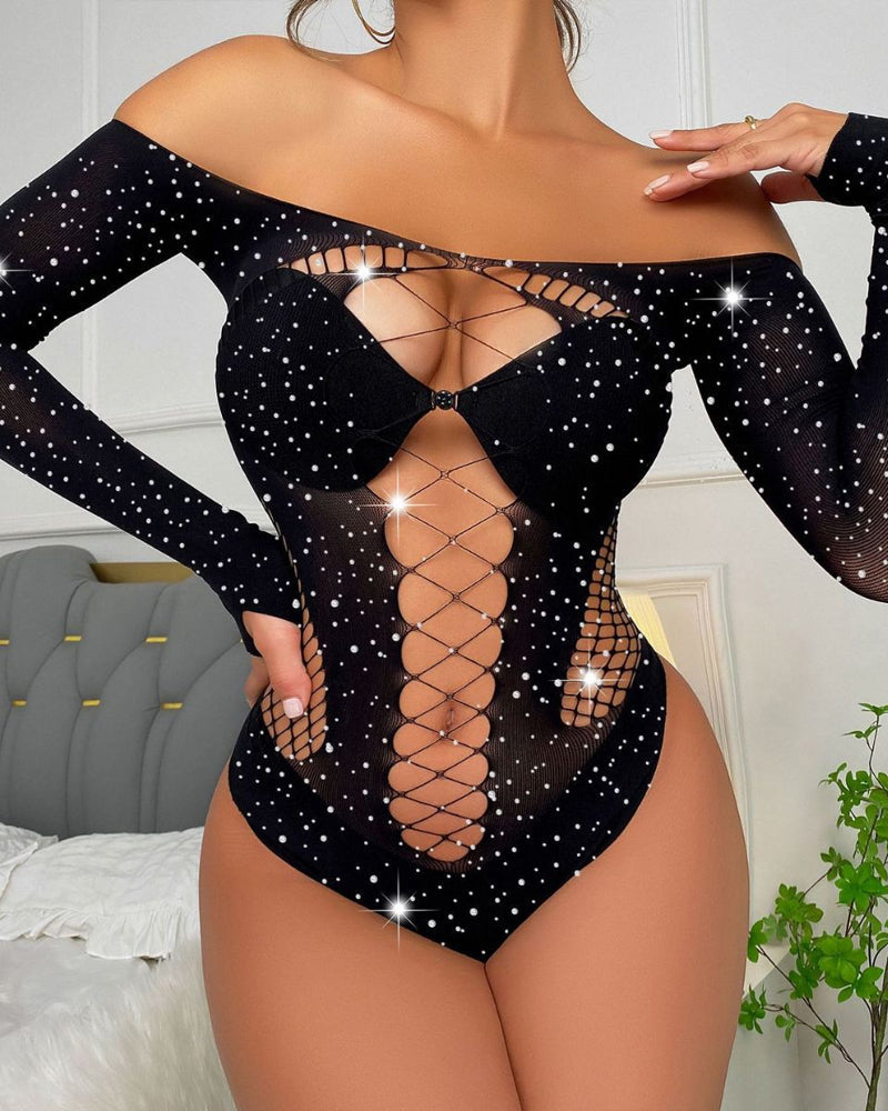 Women's Hot Diamond Shiny Long-sleeved Mesh Bodysuit