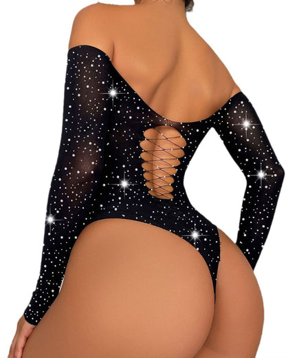 Women's Hot Diamond Shiny Long-sleeved Mesh Bodysuit