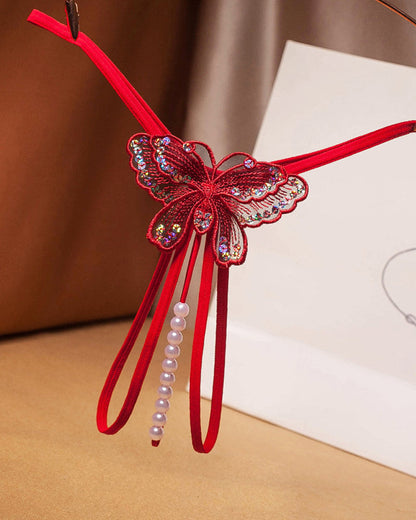 Sexy Sequin Butterfly Embroidered Open Crotch Massage Pearl Thong