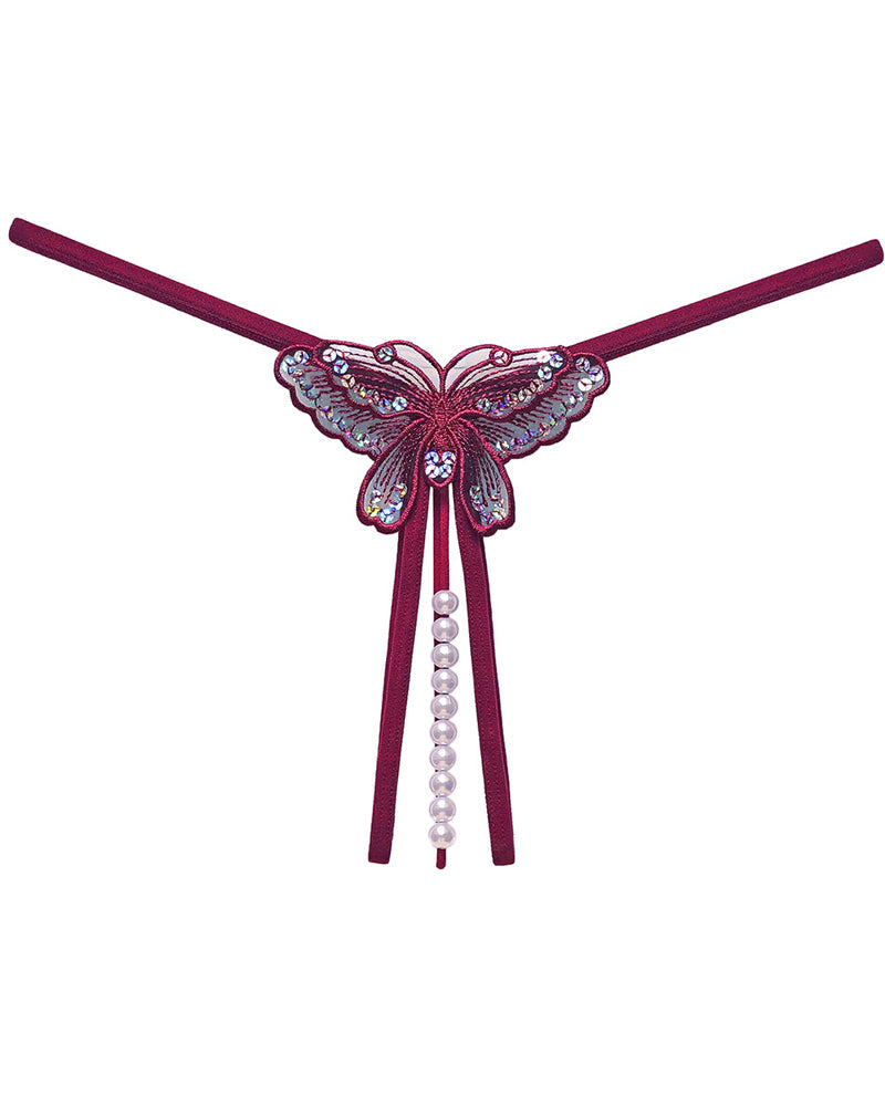 Sexy Sequin Butterfly Embroidered Open Crotch Massage Pearl Thong