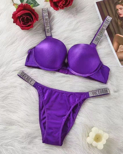 Sparkling Diamond Wide Strap Letter Rhinestone Sexy Push-Up Bra Set