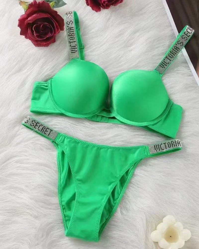 Sparkling Diamond Wide Strap Letter Rhinestone Sexy Push-Up Bra Set