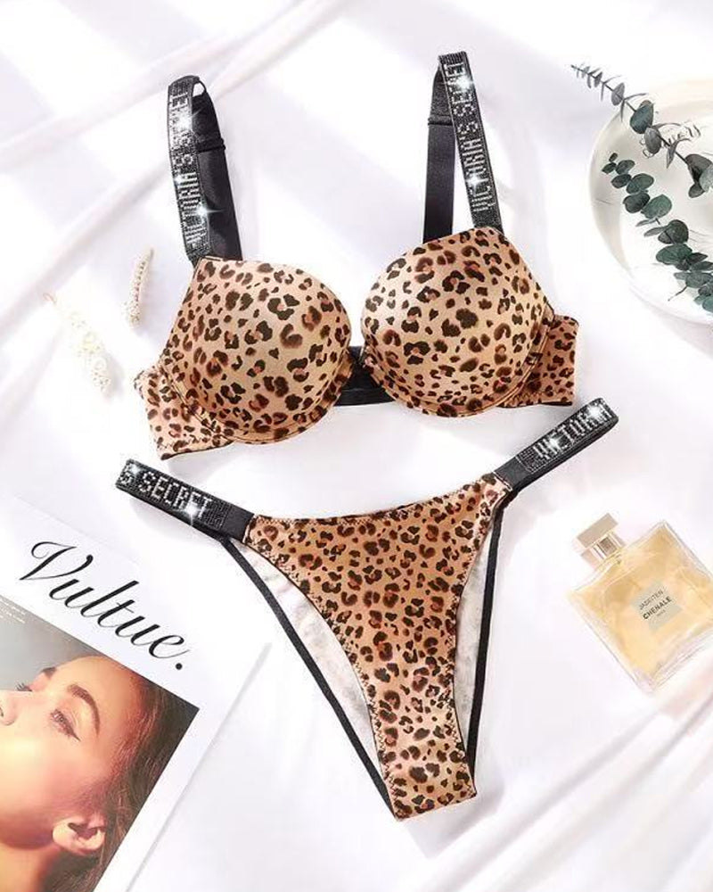 Sparkling Diamond Wide Strap Letter Rhinestone Sexy Push-Up Bra Set