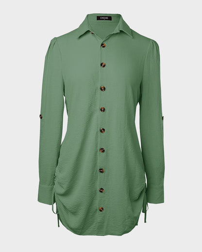 Long Sleeve Button Down Drawstring Shirt Dress