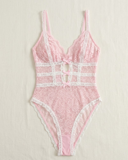 Pink Lace Bowknot Backless Bodysuit