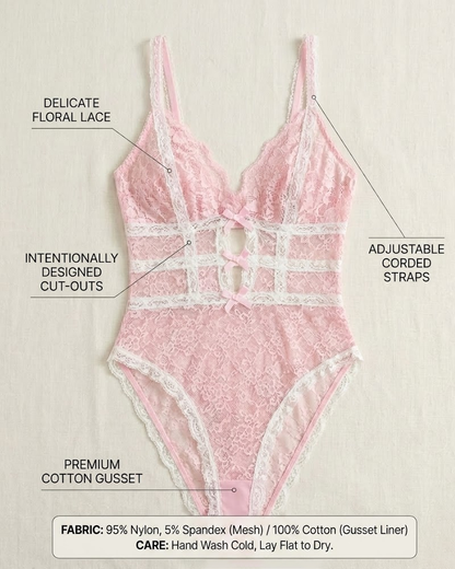 Pink Lace Bowknot Backless Bodysuit