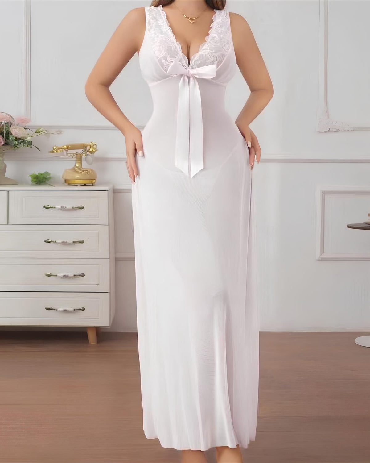 Sexy Deep V-neck High Slit Lace See-through Long Nightgown