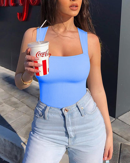 Women's Square Neck Sleeveless Knit Ribbed Vest Bodysuit