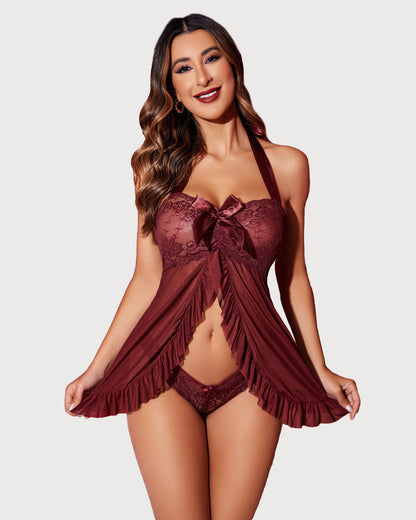 Lace Babydoll Open Front Halter Nighty