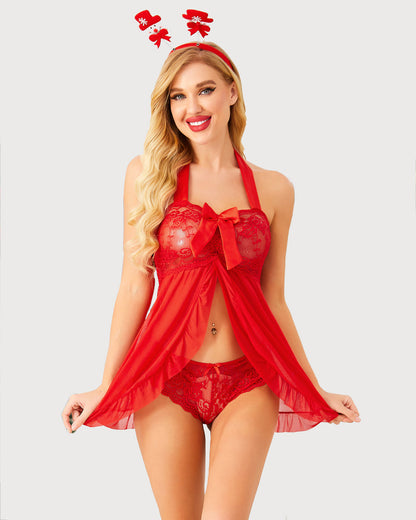 Lace Babydoll Open Front Halter Nighty