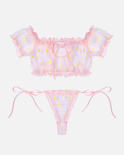 Floral Mesh Ruffle Lingerie Set