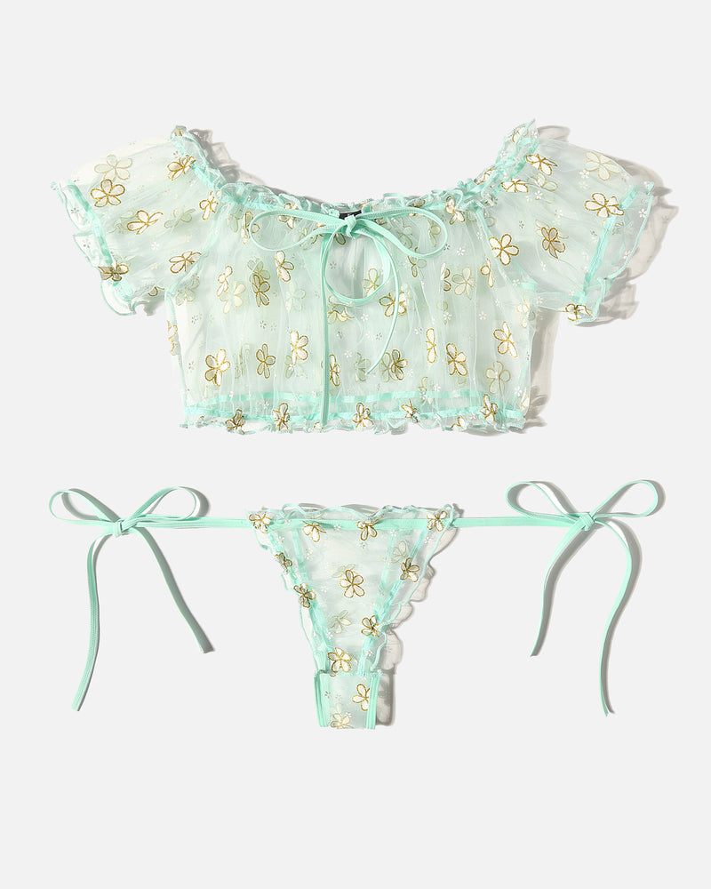 Floral Mesh Ruffle Lingerie Set