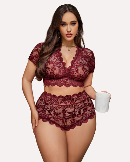 Plus Size Floral Lace Trim Set