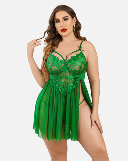 Plus Size V Neck Mesh Side Slit Babydolls