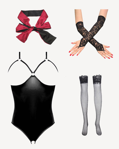 Leather PU Crotchless and Cupless Teddy