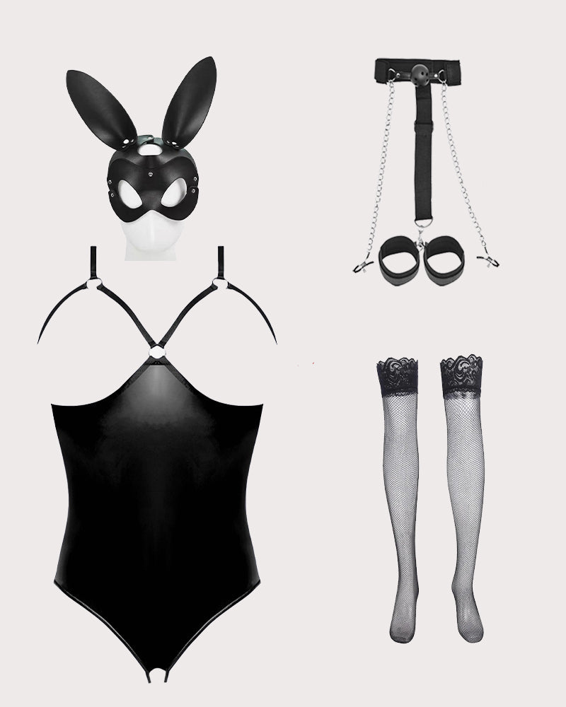 Leather PU Crotchless and Cupless Teddy