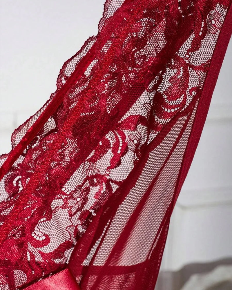 Sexy Deep V-neck High Slit Lace See-through Long Nightgown