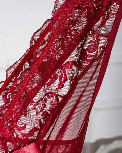 Sexy Deep V-neck High Slit Lace See-through Long Nightgown