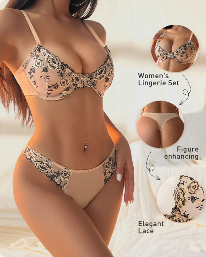 Sexy French-style Ultra-thin Push-up Floral Embroidered Mesh See-through Lingerie Set
