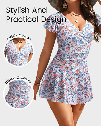 Ruffle Sleeve V-Neck Tummy Control Swimdress