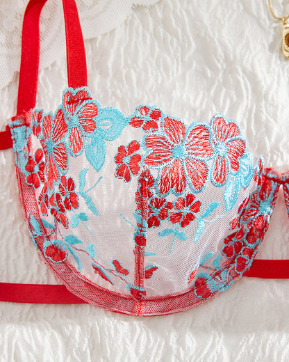 Sexy Flower Embroidered Mesh Lace Gathered Bra Set