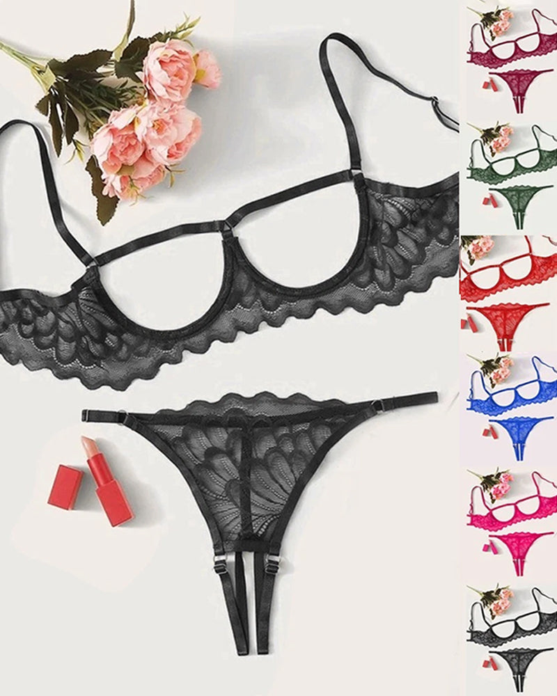 Sexy Lace Hollow Anti-Sagging Bra and Crotchless Thong Set
