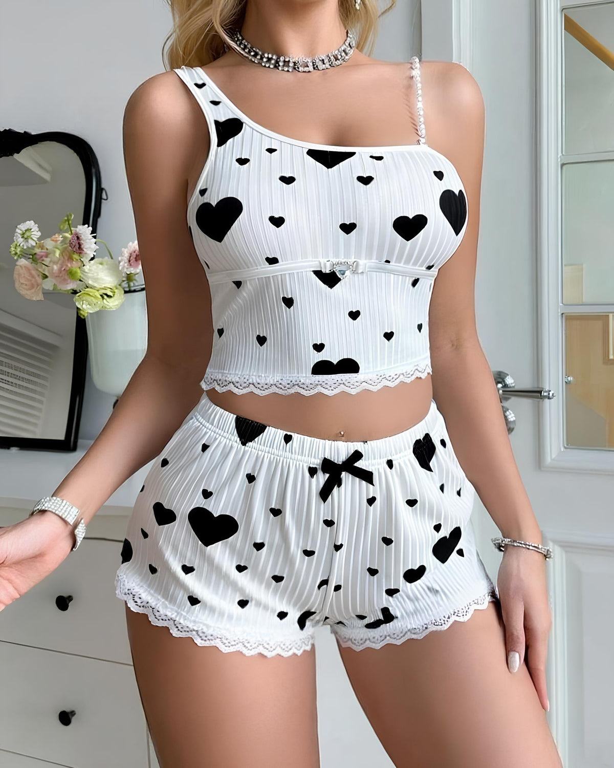 Sexy Heart-print One-shoulder Tank Top and Shorts Loungewear Set