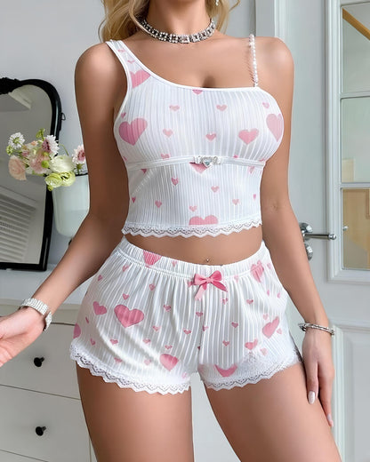 Sexy Heart-print One-shoulder Tank Top and Shorts Loungewear Set