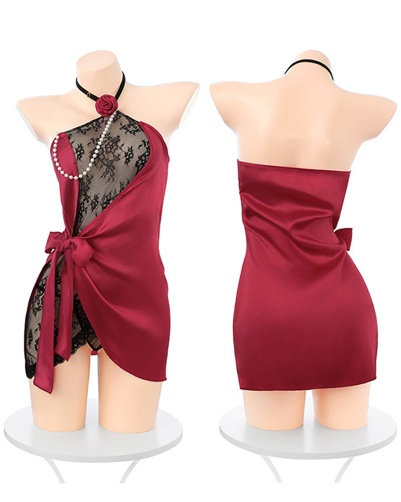 Sexy Halter Neck Lace See-through Mesh Patchwork Lingerie Nightgown Set