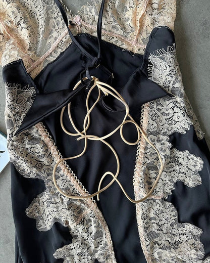 Sexy Deep V-neck Ice Silk Lace Patchwork Backless Camisole Nightgown