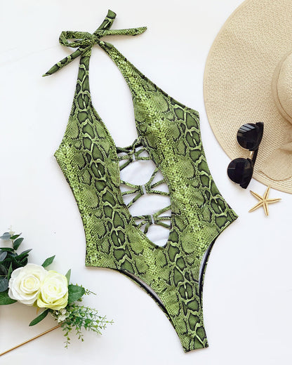 Snake-print Cutout Halter Neck Strap One-piece Swimsuit