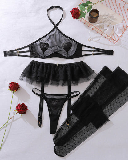 Mesh See-through Halter Neck Heart with Stockings Shaping exy Lingerie Set