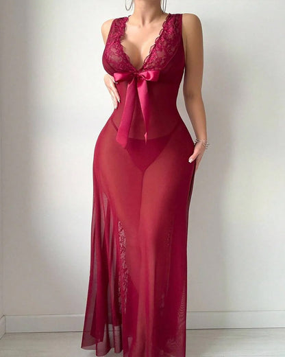 Sexy Deep V-neck High Slit Lace See-through Long Nightgown