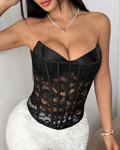 Sexy Floral Lace Sheer Mesh Paneling Strapless Boning Top