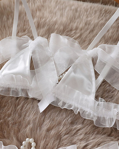 Lace Mesh Bow Tie Pearl Decoration Lingerie Set