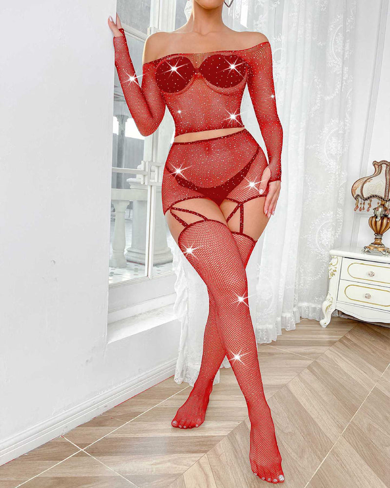 Sexy Rhinestone Fishnet Long-Sleeved Skirt Set