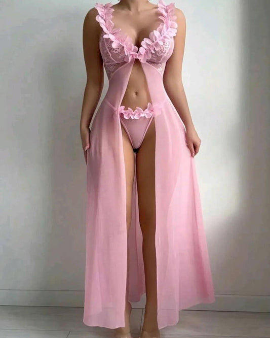 Sexy Low-Cut Floral See-Through Mesh Suspender Maxi Dress Set