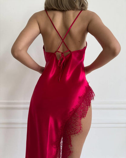 Sexy Silk Lace Long Slip High Side Slit Nightgown